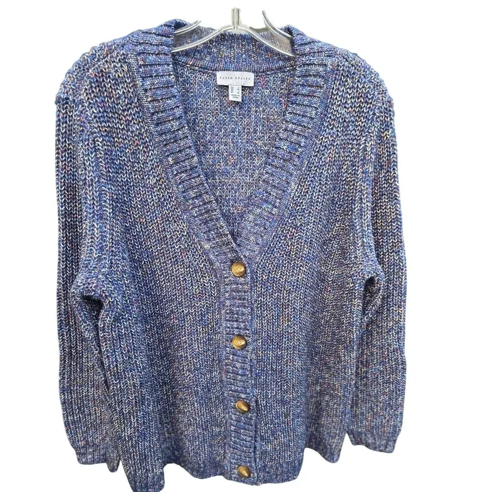 Susan Graver Blue Tweed Cardigan Sweater L – Preppy V-Neck Button-Up